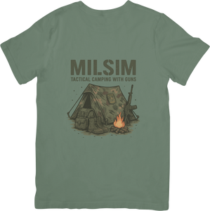 Milsim: Tactical Camping With Guns T-Shirt – Airsoft & Outdoor Ops Humor Tee